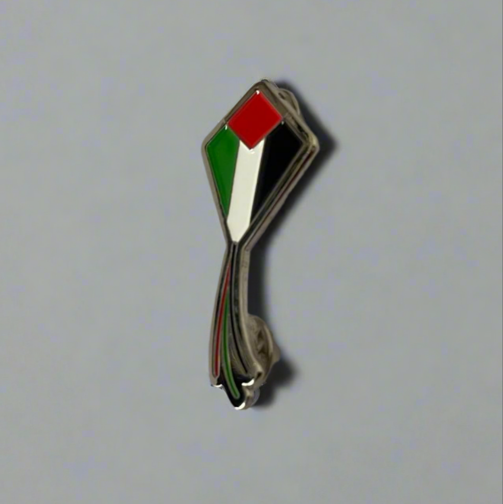 Pin with Palestinian flag design on a gray background