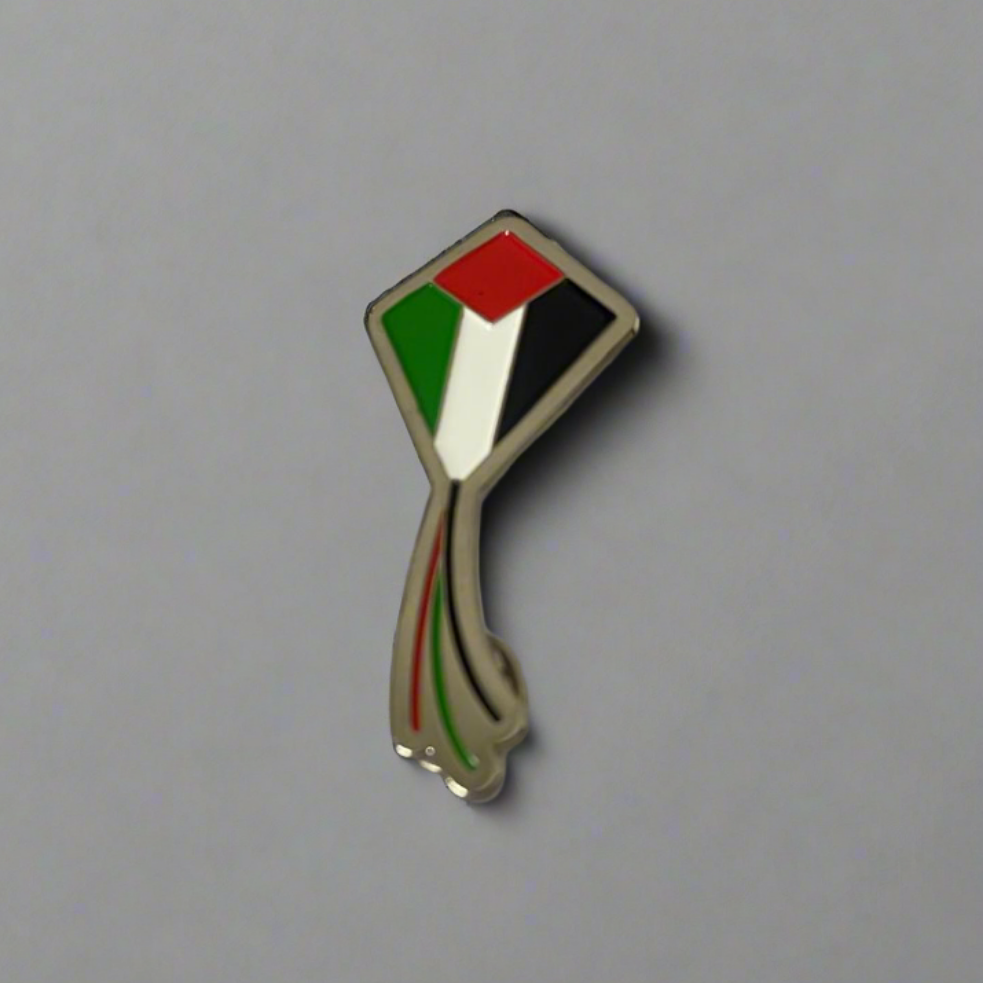 Pin with a design resembling a flag on a gray background