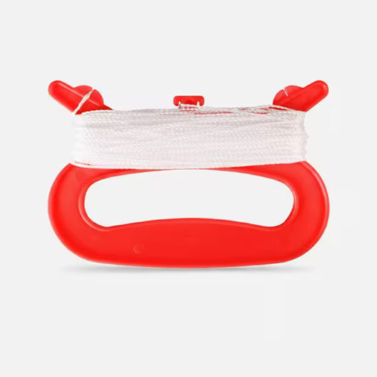 A red plastic rope hand grip with a white rope wrapped around it, shown against a light gray background.
